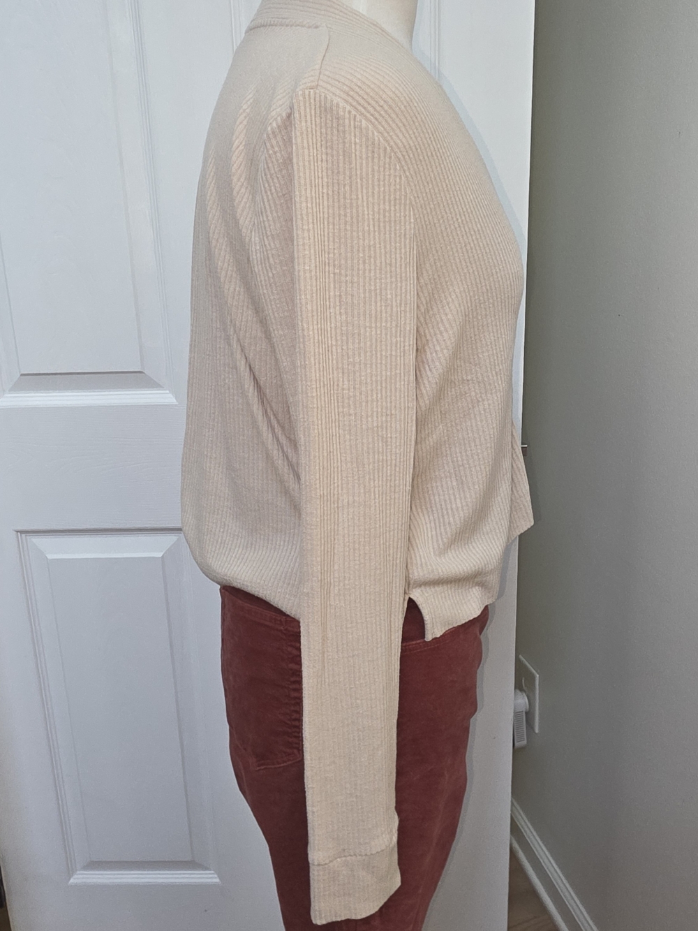 LOFT Cream Ribbed Button-Front Cardigan - Picture 2 of 10